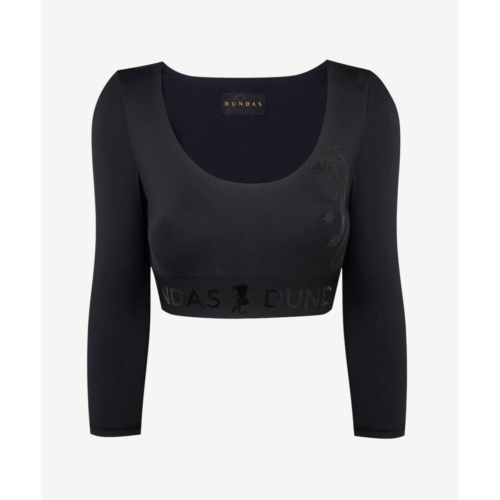 DUNDAS Noor Black Logo Crop Top Long Sleeve Designer Stretch Athleisure M